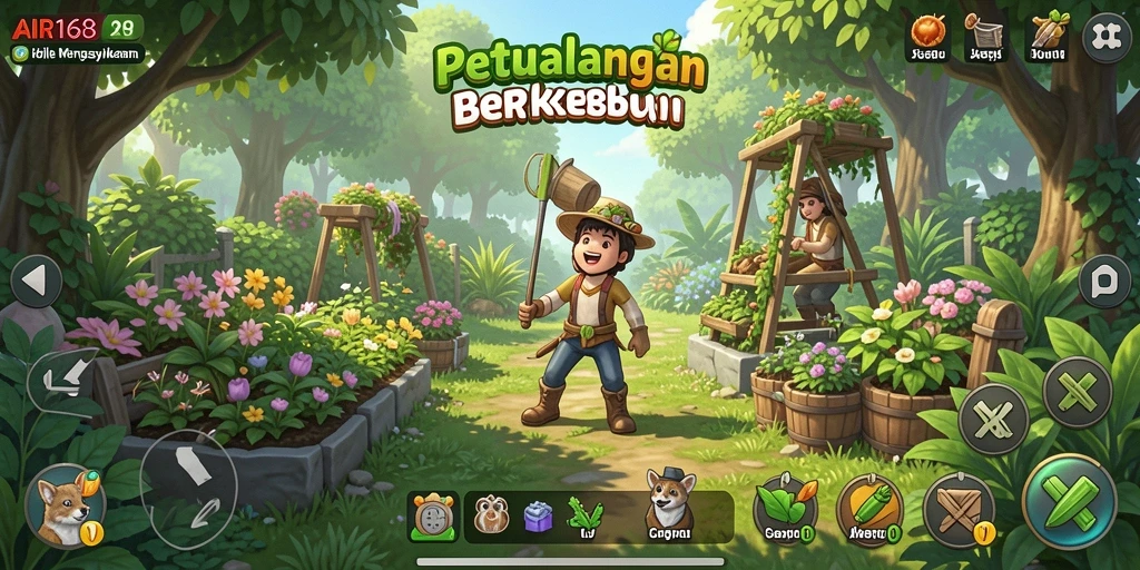 Tampilan gameplay AIR168 dengan ladang yang indah dan tanaman subur.