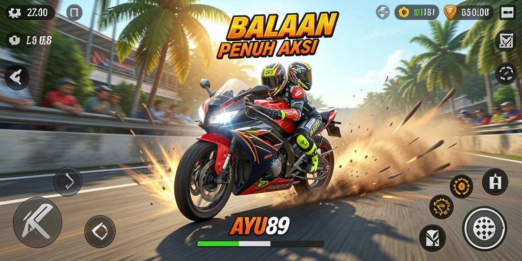 Screenshot gameplay AYU89 menunjukkan aksi balapan motor yang mendebarkan.
