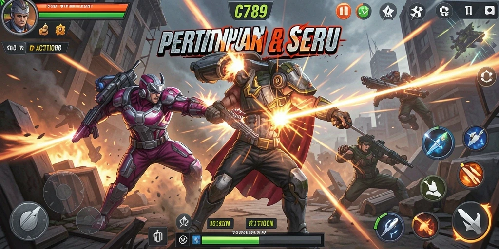 Screenshot C789 menampilkan pertempuran seru dengan efek visual yang memukau.