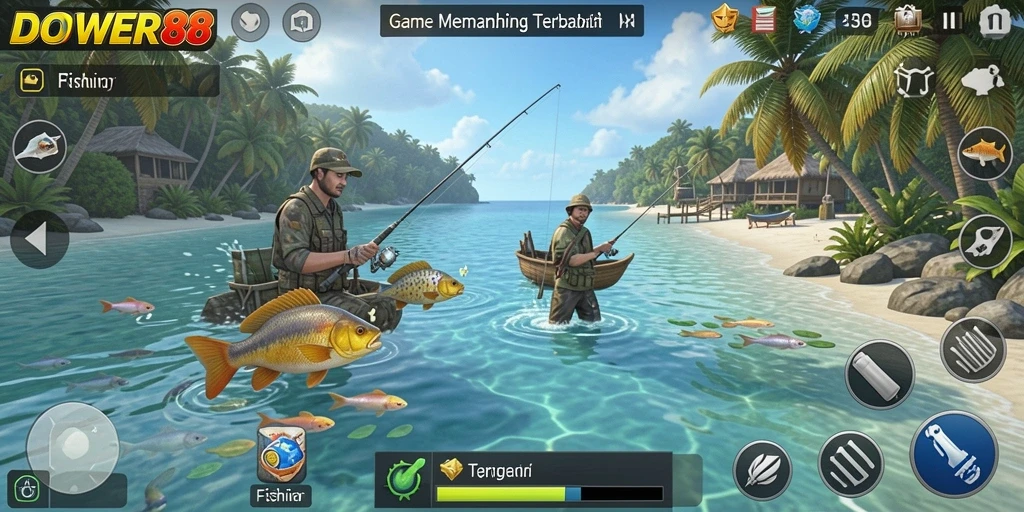 Gameplay DOWER88 yang seru saat memancing ikan.
