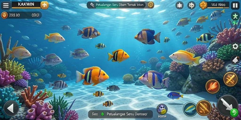 Screenshot KAKWIN menampilkan aksi menembak ikan yang seru dan menarik.