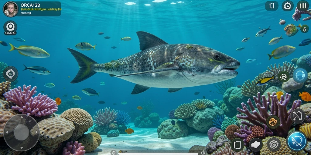 Tampilan gameplay <strong>ORCA128</strong> yang menakjubkan di bawah laut.